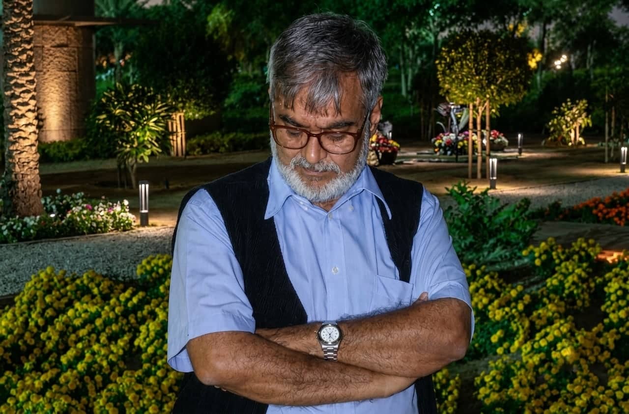 Papa in a garden at night
